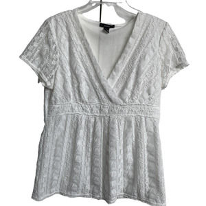 Alfani Shirt Womens Large White Lace Surplice V-Neck Surplice Short Sleeve Top